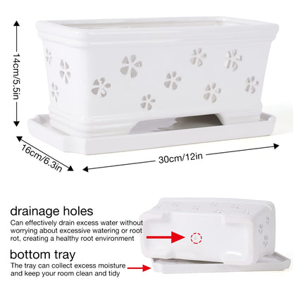 Orchid Pot with Holes and Saucer - 12*6.3*5.3Inch Ceramic Large Pot Basin for Refilling - Indoor and Outdoor Use - Air Circulation
