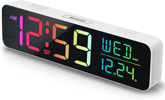 Peakeep Large Display Digital Alarm Clock for Bedrooms, Date Day of Week Desk Table Clocks for Living Room Office, Dimmable Plug in Electric Clock, 5 Volumes, Loud, Auto DST