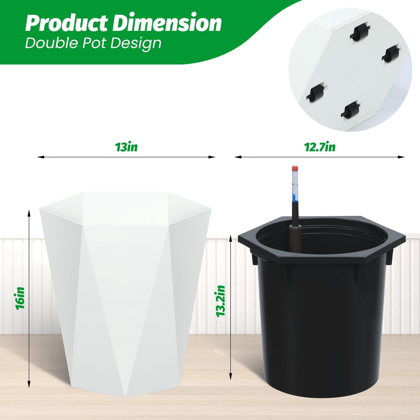 16" White Tall Planters Outdoor Set of 2, Large White Flower Pots Outdoor with Drainage Holes & Automatic Watering System, Modern Large Resin Planters for Outdoor Plants, Front Porch, Deck, Diamond