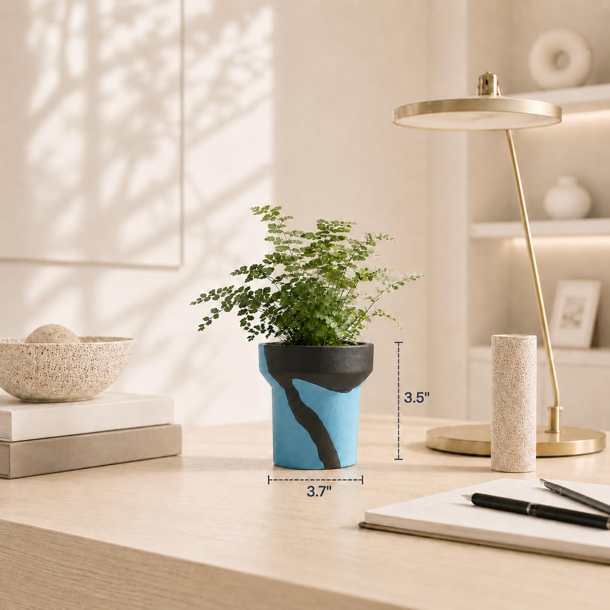 ONE ART Modern Planter Pot, Stone & Recycled Ocean Plastic, Frost Proof Indoor Outdoor Plant Pot for Succulents Flowers Herbs, Unique Hand-Finished Pattern, Lightweight Minimalist Decor (Small)