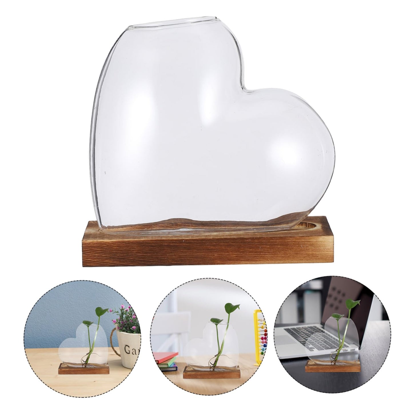 SUPVOX Heart Shaped Glass Vase: Hydroponic Plants Station with Wooden Base Propagation Terrarium Container for Home Offices Windowsill Decors