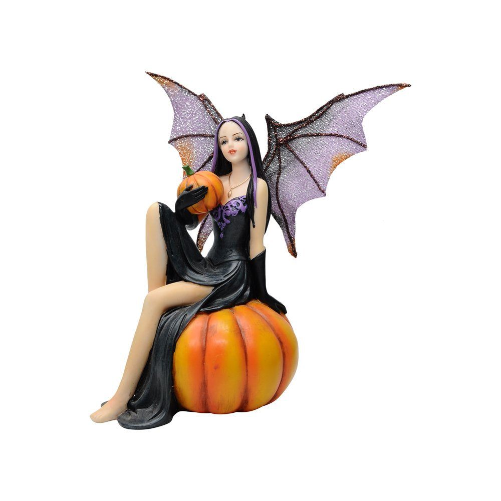 Comfy Hour 5.9" Resin Halloween Pumpkin Fairy Figurine, Gothic Dark Fantasy Sorceress Statue with Bat Wings, Mystical Antique Style Home Decor