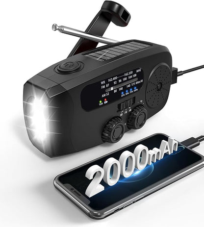 Hand Crank Radio with AM/FM/NOAA Weather Bands,for Emergencies, Camping | 3 LED Flashlights,SOS Function,Solar Powered,Hand Cranked, 2000mAh/7400mWh Charger,for Power Outage - Black