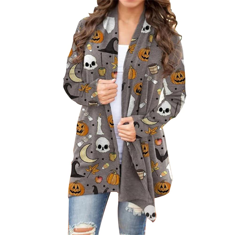 Women's Halloween Pumpkin Cat Print Knitting Cardigan Long Sleeve Open Front Knitted Sweater Outwear Coat Tops (Light Gray, Large)