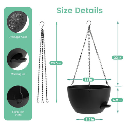 UOUZ 13 Inch 2 Pack Large Self Watering Hanging Planters for Indoor Outdoor Plants, Hanging Plant Pots with Removable 50 Oz Reservoir, Plastic Hanging Basket for Window Porch Garden Balcony, Black