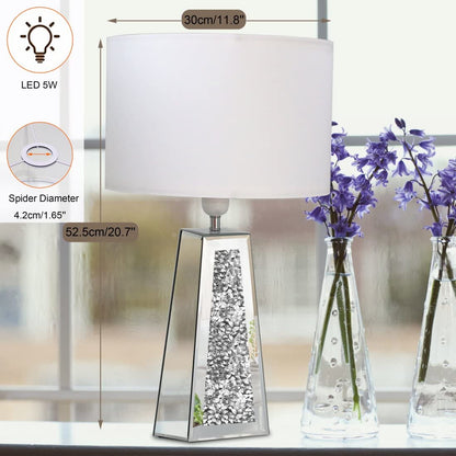 GOTHICO Silver Mirror Crushed Diamond LED Table Lamp, Four Prism Shaped Crystal Diamond Mirrored Base,White Round Linen Shade, 20.7" Height for Living Room Bedroom Office, Modern Art Decor,Set of 2