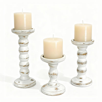 HuiDao Wood Candle Holder, 3Pcs Rustic White Candle Holders for Pillar Candles, Solid Wood Decorative Candle Holders Distressed Wooden Farmhouse Candle Holder Large for Fireplace Table