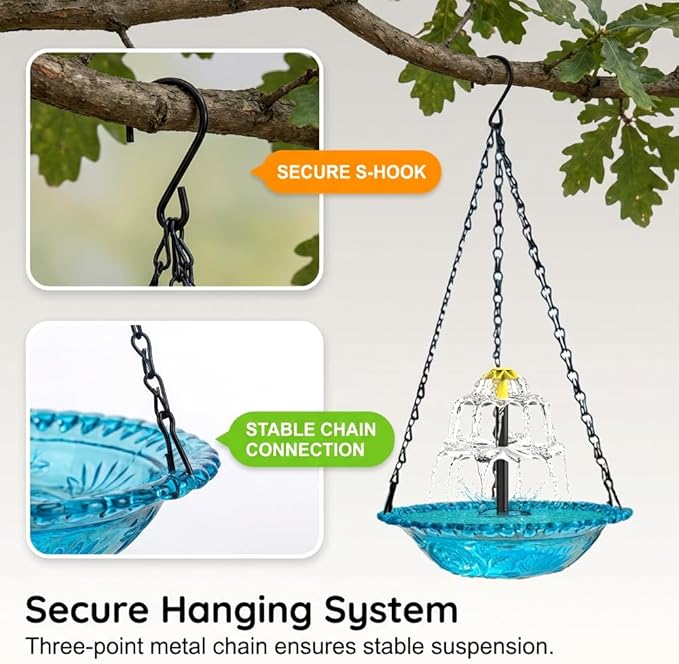 Solar Cascade Hanging Bird Bath Fountain, New Hanging Bird Bath with Flowing Water, Bird Bath Fountain Decorative Garden Yard Patio for Outdoor (Blue)