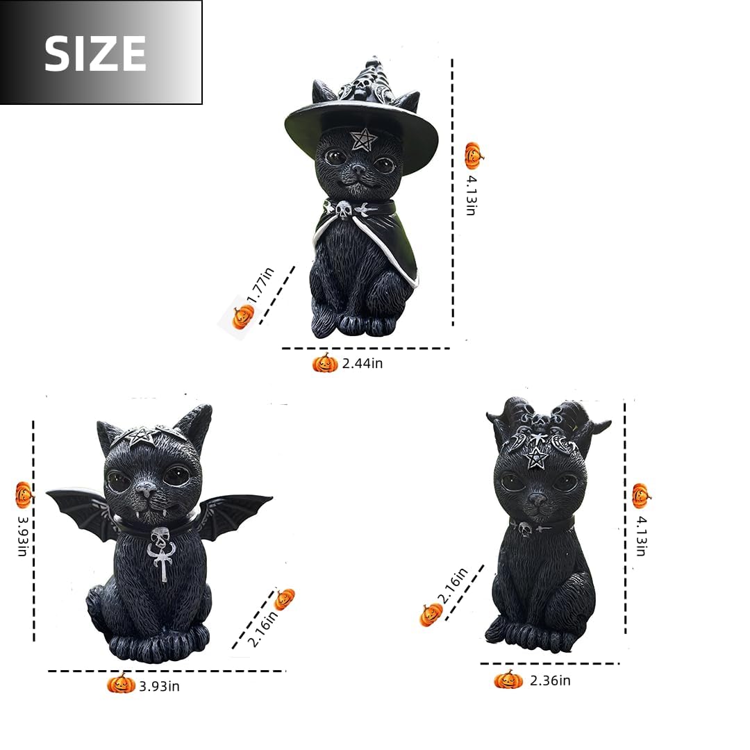 Dianreno Gothic Black Cat Figurines 3-Set,Black Cat Halloween Decoration
