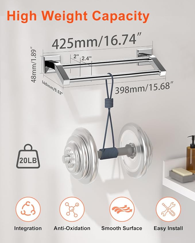 Alise Bath Double Towel Bars,Towel Holder Towel Racks for Bathroom Lavatory,16 Inch SUS304 Stainless Steel Towel Hanger Towel Rail Wall Mount,Polished Chrome