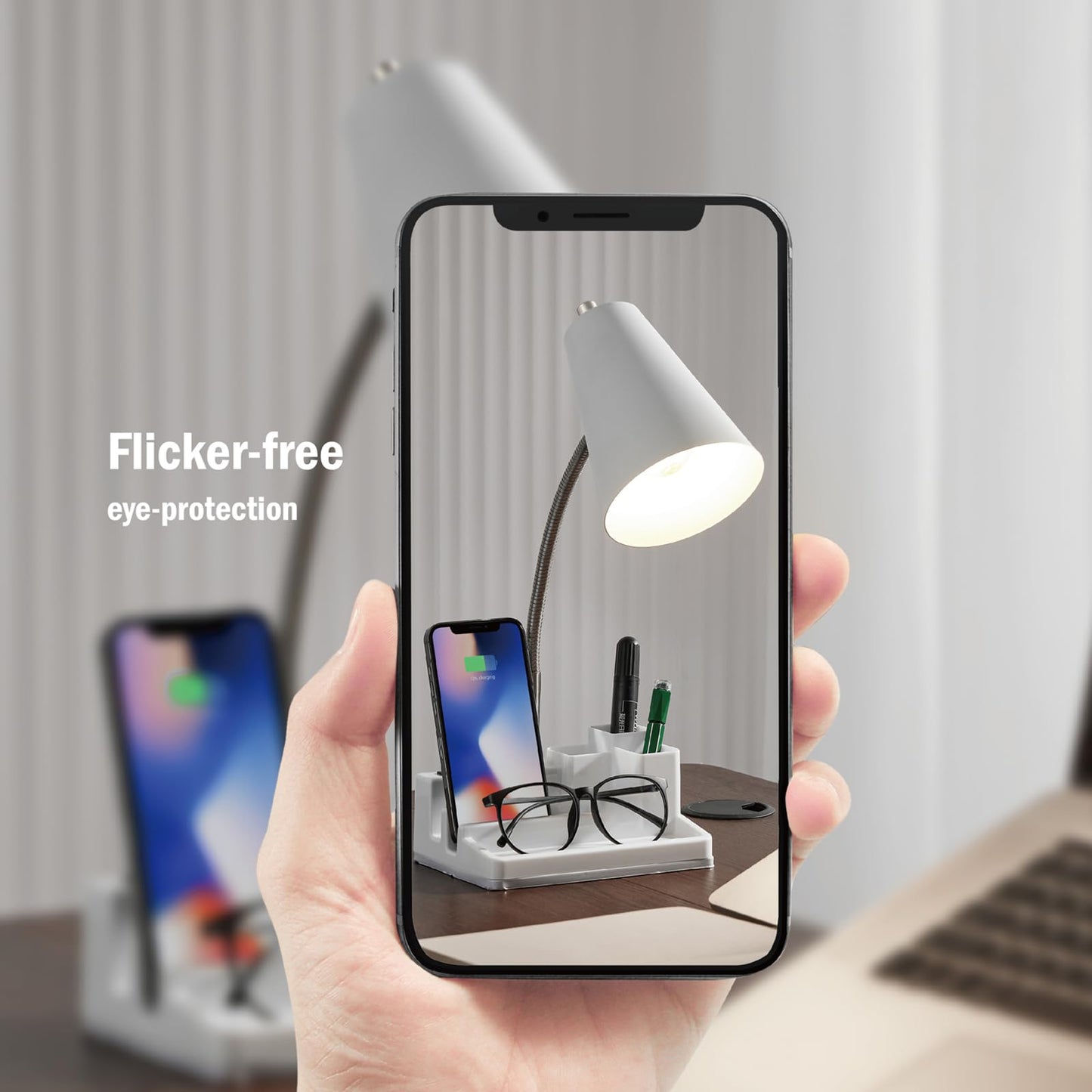E26 Desk Lamp with 1 USB Charging Port and 1 AC Outlet, Organizer Base, Adjustable Neck, On/Off Switch, Modern Table Lamp for Reading, Working, Studying (White)