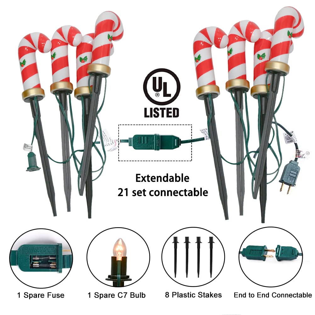 Oviejo C7 Christmas Pathway String Lights, Set of 8 Christmas Candy Cane Driveway Markers with 4 C7 Clear Bulbs, Waterproof String Lights for Pathway Decor Outdoor Decoration