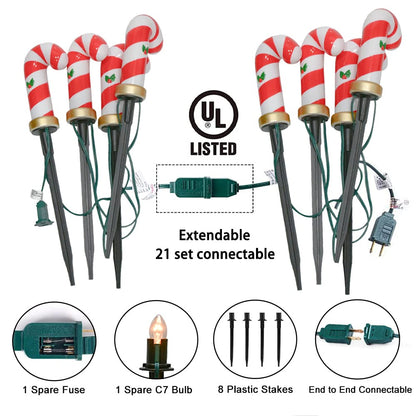 Oviejo C7 Christmas Pathway String Lights, Set of 8 Christmas Candy Cane Driveway Markers with 4 C7 Clear Bulbs, Waterproof String Lights for Pathway Decor Outdoor Decoration