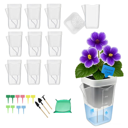 9 Pack 2.5" Mini Self Watering Pots for Indoor Plants, Small Clear Plastic Planter with Drainage and Water Level,for African Violet,Succulents,Propagation,Seed Starter with Labels,Repotting Mat, Tools
