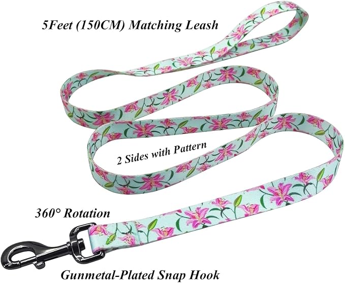 Dog Collar Leash Set, Floral Pattern, Polyester Material, Adjustable Collar and 5ft Matchcing Leash, for Puppy Dogs.(XS, Green Lily)
