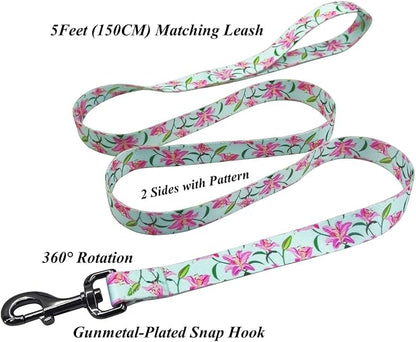 Dog Collar Leash Set, Floral Pattern, Polyester Material, Adjustable Collar and 5ft Matchcing Leash, for Puppy Dogs.(XS, Green Lily)