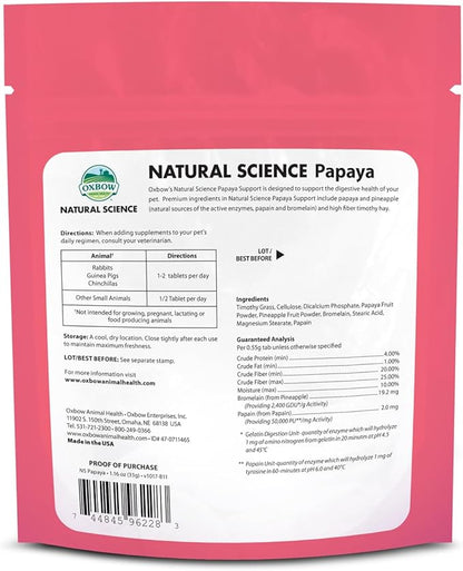 Oxbow Papaya Support, High Fiber Digestive Supplement for Rabbit & Guinea Pig, Made with Timothy Hay, Includes Papaya, Pineapple, Papain, & Bromelain, Made in USA, 1.16 oz Bag
