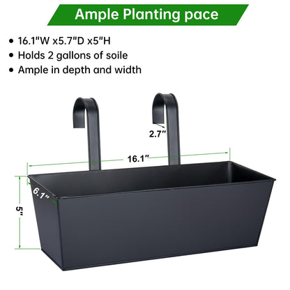 OGIMA 16-Inch Railing Planter Box, 3 Pack Large Hanging Planters for Outdoor Plants with Detachable Wide Hooks for 2.7'' Railings - Balcony Planters Railing Hanging for Deck, Fence & Patio Decor
