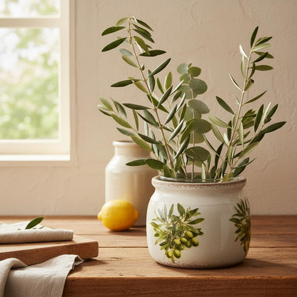 Xiaan Jiaju Mediterranean Ceramic Plant Pots with Olives Branches Pattern, 6 Inch Tuscan Planter for Indoor Plants, Rustic Farmhouse Home Kitchen Decor, Tuscan Vase for Centerpiece, Olive Green