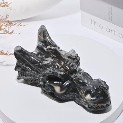Bmuafry 6''Natural Dragon Head Crystal Skull Head Hand Carved Reiki Healing Stone Statue Healing Home Office Art Room Decoration (Picasso Stone, 6inch)