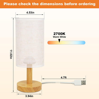 Touch Bedside Table Lamp - Stepless Dimming USB Powered, Minimalist Wood Base Linen Shade, 2700K Warm Light for Bedroom Nightstand Nursery Dorm Small Spaces, 5W LED 50K Hrs (No Bulb Replacement)