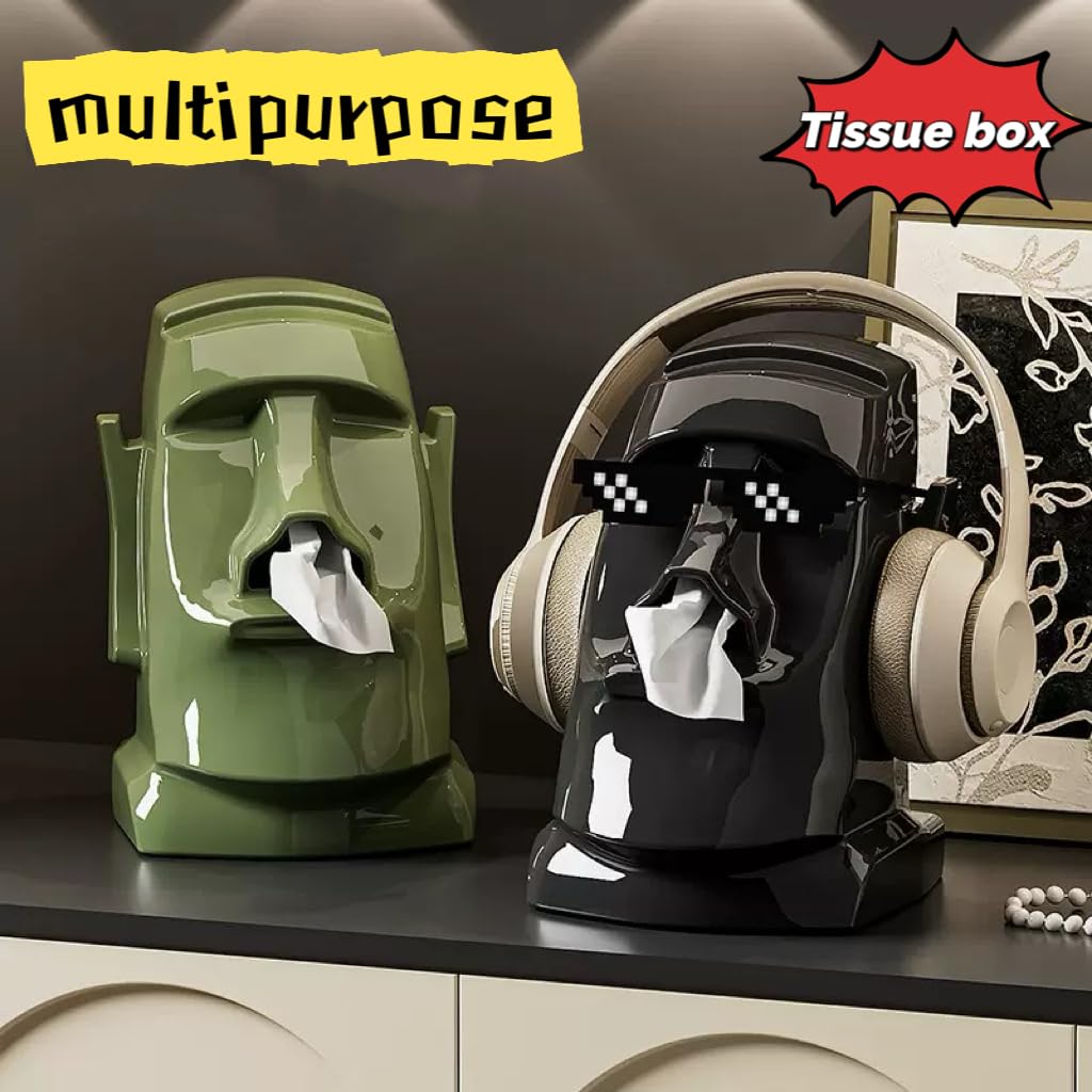 Xuirihusi Moai Tissue Box Holder with Headphone Holder, Suitable for Living Room, Bedroom and Other Desktop Storage Boxes, Green, Light Color, Black(Green)