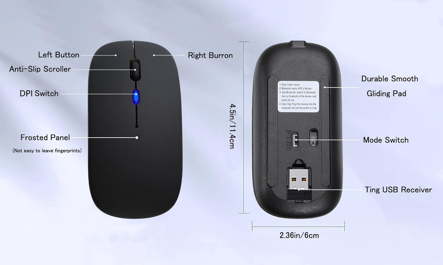 Wireless Bluetooth Mouse Rechargeable Laptop Mice with LED Lights Silent Slim Use(BT5.2 and 2.4G Portable USB Receiver)Dual Mode Computer Mouse for Laptop/iPad/Tablet/Apple/Computer/Mac(Black)