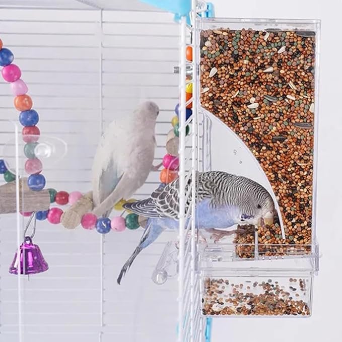 No Mess Bird Feeder for Cage,Automatic Parrot Feeder Cage Accessories,Transparent Parakeet Seed Container Food Feeder Drinker for Cage,No-Spill Transparent Bird Feeder (White)