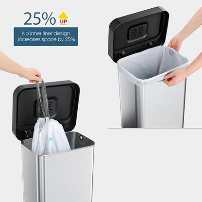 Arlopu 50L/13.2Gal Stainless Steel Trash Can W/15 Inner Bags & Rear Trash Bag Storage Compartment, Kitchen Step Trash Can with Lid & Built-in Deodorizer Box, Garbage Bin W/Foot Pedal (Sliver)