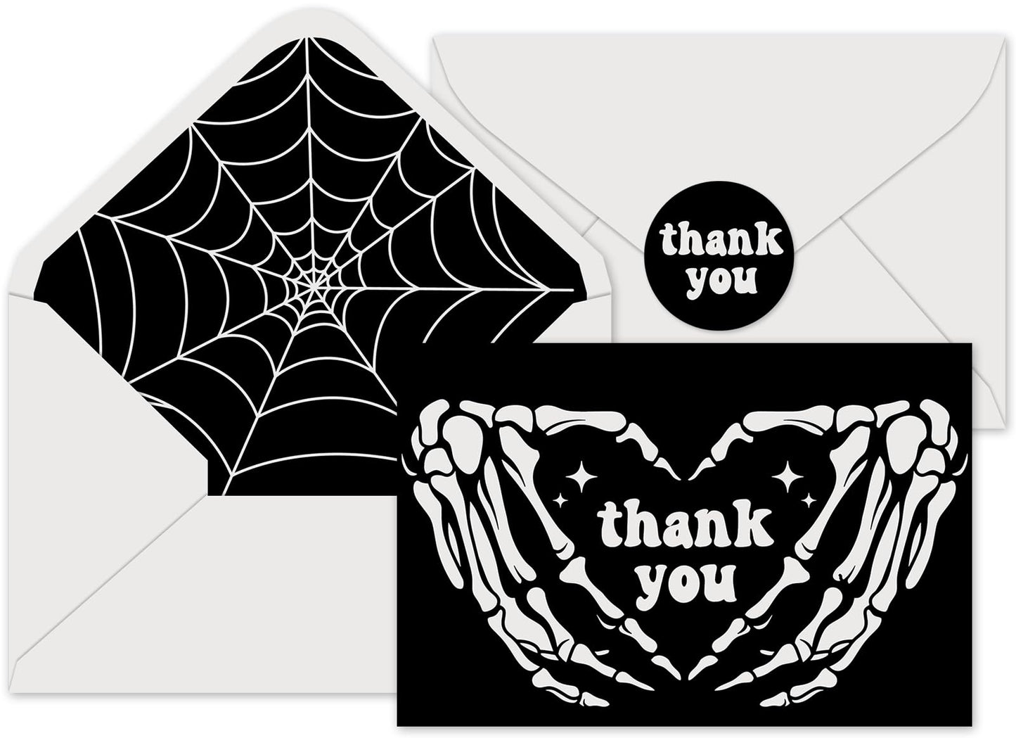 JarThenaAMCS 24Pcs Halloween Thank You Cards with Envelopes and Stickers Skeleton Hands Greeting Cards White Black Blank Note Cards for Halloween Party Supplies