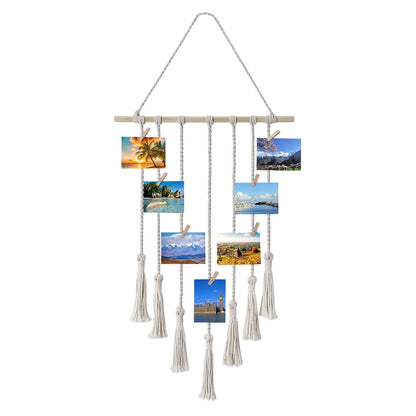 Flexzion Macrame Hanging Photo Display Wall Decor - Handwoven Boho Picture Collage Decor Hanger with 25 Wooden Clips & Cotton String Holder Organizer for Bedroom, Living Room, Home, Dorm, Gift