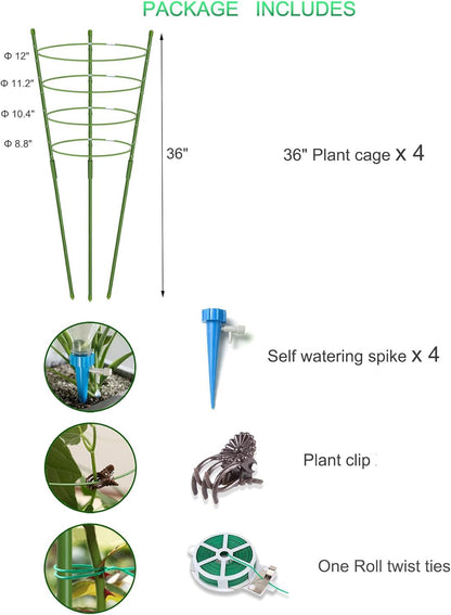 Mimeela 4 Pack Garden Plant Support Tomato Cage, Upgrade 36'' Trellis for Climbing Plants, Plant Trellis Kits with 4 Self Watering Spikes and 20 Plant Clips (36'') (Upcage-4T-23)