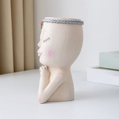 Altsuceser Face Flower Pot Head Planter, Little Girl Closed Eyes with Heart Gesture Flowerpot Planter Pots, Female Head Succulent Pots with Drainage Hole for Indoor Outdoor Plants White One Size