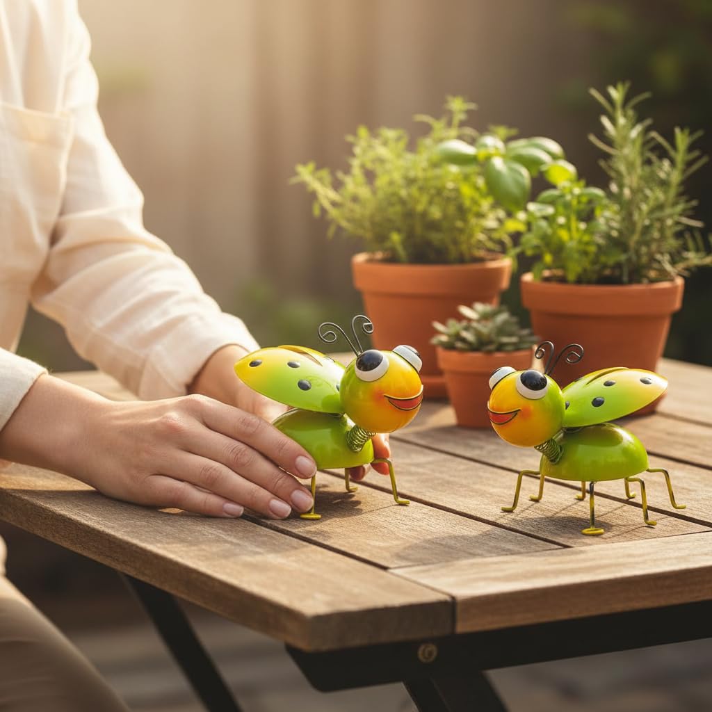 Cruis Cuka Metal Yard Art Garden Decor for Outside Cute Green Ladybugs Lawn Patio Ornaments Backyard Decorations Garden Gifts for Mom - Set of 2