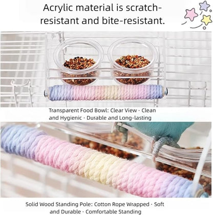 Seed Catcher Bird Feeder No Mess - Dual Bowl Cage Mount with Clear Acrylic, Colorful Hemp Rope Wrapping Wood Perch & Removable Acrylic Cups - for Budgies, Finches, Canaries, Parrotlets, Conures
