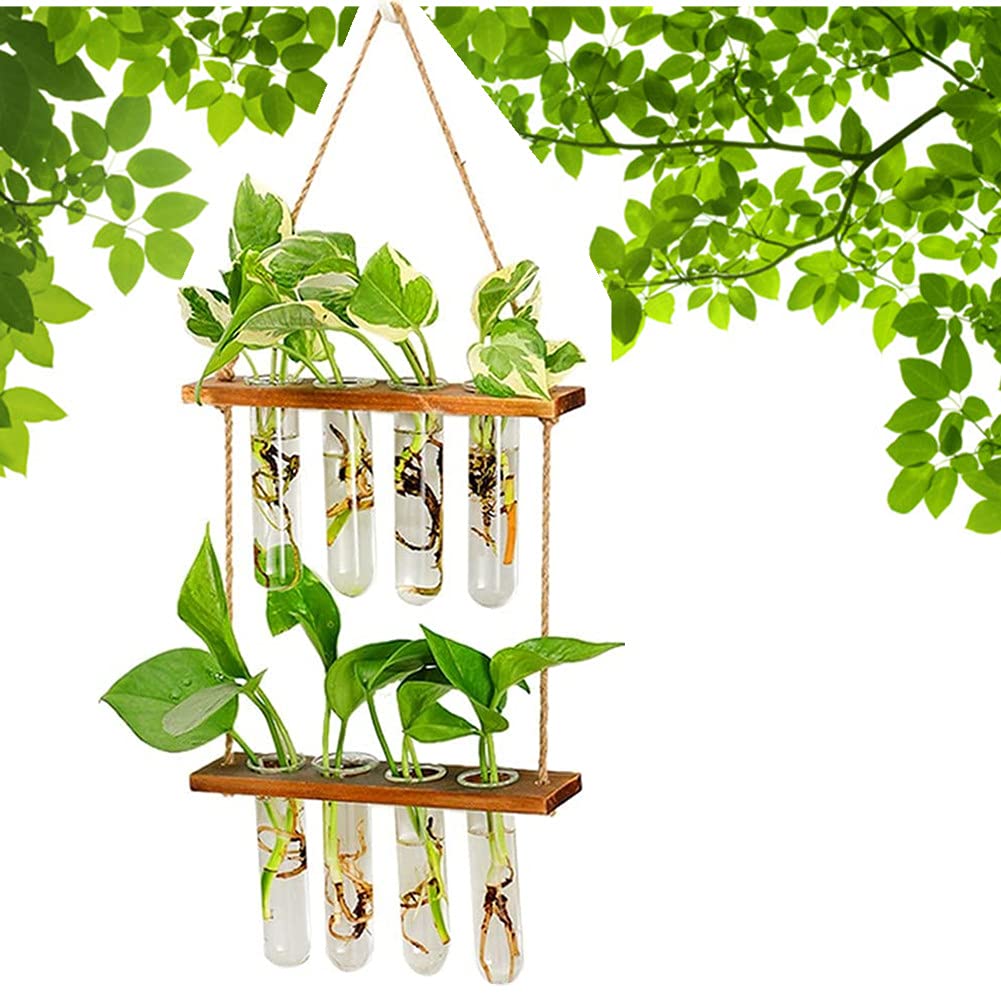 Hiuxume 2 Tiered Wall Hanging Planter, Wooden Stand with Glass Planter Test Tube Vase for Hydroponic Plant Propagation, Perfect for Indoor and Outdoor Decor