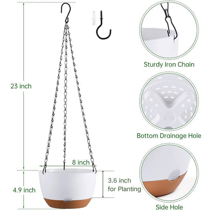 Kvetto Set of 2 Hanging Planters for Indoor Outdoor Plants, 8 Inch Self-Watering Hanging Flower Pots with Drainage Hole & Removable Water-Storage Tray (Hooks)
