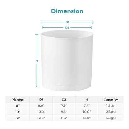 FaithLand 8-Inch Modern Cylinder Planter, Thick-Walled Plastic Plant Pot with Drainage Holes and Detachable Saucer, Matte White, Ideal for Indoor & Outdoor Plants Flowers