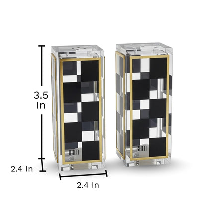Black and White Checkered Salt and Pepper Shakers Set - Luxurious Lucite Acrylic Square Design - Modern 2.4" x 3.5" Refillable Dispensers - Elegant Kitchen Decor, Dining Table Unique Housewarming Gift