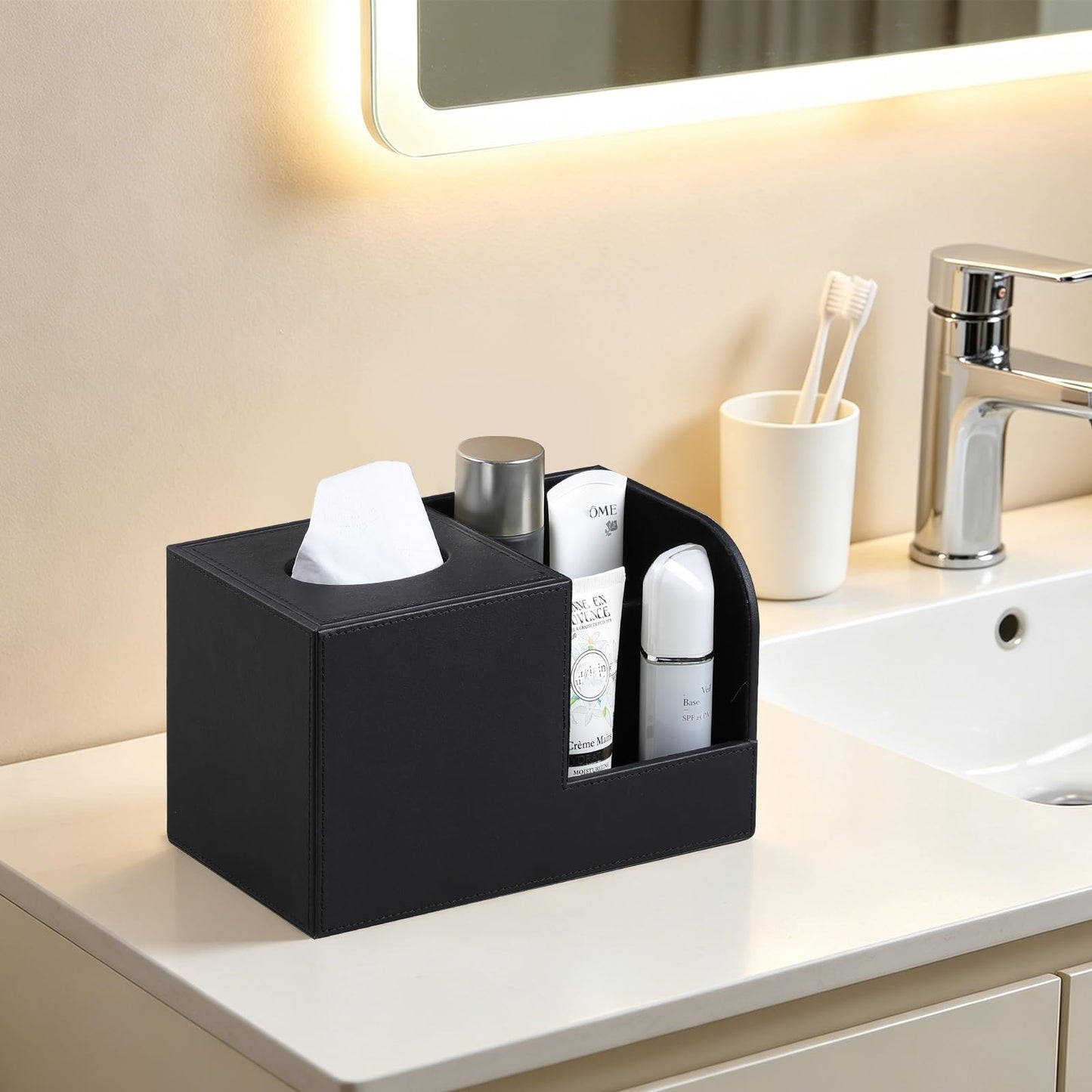 JLAMBOM PU Leather Tissue Box Cover with Remote Control Holder, Square Tissue Box Holder for Living Room Bathroom Office (Black)