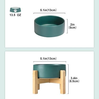 SPUNKYJUNKY Ceramic Elevated Dog Bowls 2 Pack - 5.1inch Raised Dog Bowls with Non-Slip Wooden Stand for Small Dogs Dishwasher Safe(Green,13.5OZ*2)