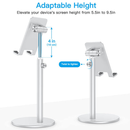 OMOTON Cell Phone Stand, Angle Height Adjustable Phone Holder, Aluminum Desktop Phone Dock for Desk, Compatible with iPhone 17 Pro Max, All Smartphones and Tablets(4-11''), Silver