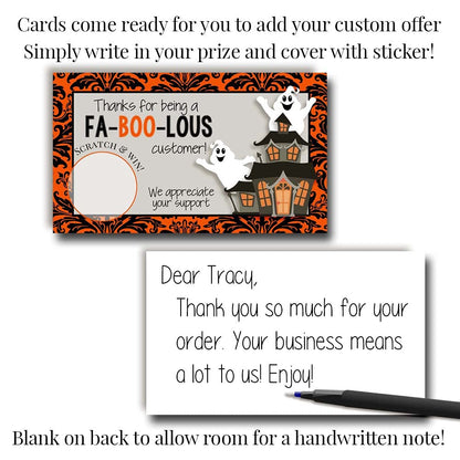 Amanda Creation Funny Fabulous Customer Halloween Ghost Scratch & Win Customer Appreciation Package Inserts for Small Businesses, 20 2" X 3.5” Single Sided Insert Cards with Scratch Off Stickers