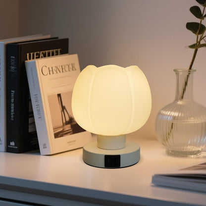 Komothala Touch Bedside Lamp with USB C+A Charging Ports,Tulip Flower Lamp with White Glass Lamp Shade, Warm LED Bulb, 3 Way Dimmable, Small Table Lamp for Bedroom Nightstand Living Room