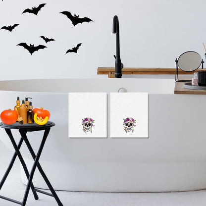 JarThenaAMCS 2 Pcs Halloween Skull Hand Towels Flower Skull Embroidered Cotton Towel Dish Towel with Ribbon for Kitchen Bathroom Drying Cleaning, 29.5 x 13.7 Inch