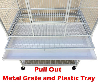 64" Extra Large Double Flight Bird Wrought Iron Double Breeding Cage Slide Out Divider 3-Levels Bird Parrot Cage Cockatiel Conure Bird Cage with Removable Stand on Wheels
