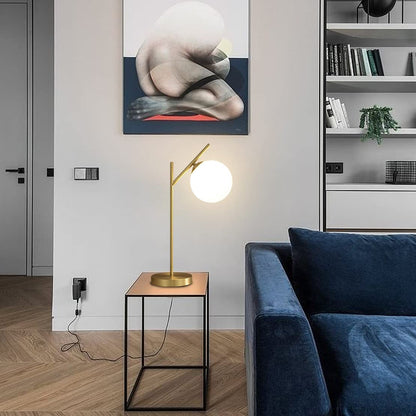 Fulesi Mid Century Modern Table Lamp, 1 Light Brass Glass Globe Bedside Lamp, Contemporary Metal Table Lamp with Milky White Glass shadefor Bedroom Living Room Study Room