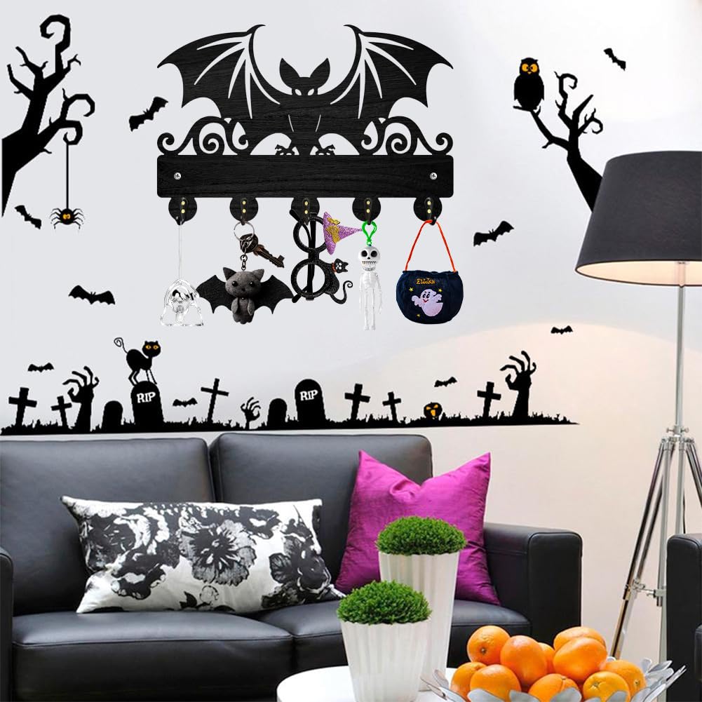 MAYJOYDIY Wood Bat Wall Key Hook Halloween Animal Theme Key Holder 11.8x7.9in Wall Art Decor Black Key Rack Organizer 5 Alloy Hooks for Gift, Hallway, Home Decor, Bag, Towel Hanging