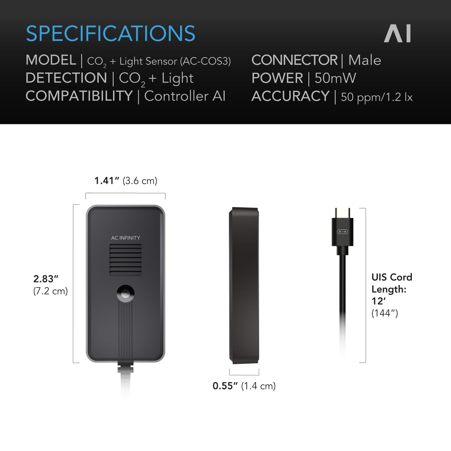 AC Infinity CO2 + Light Sensor, Exclusively Assists Controller AI+ Dynamically to Learn and Manage Equipment; CO2 Data Tracking Enables Smart Fan Programming for Optimized FAE, Day & Night Scheduling