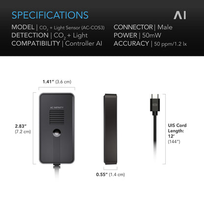 AC Infinity CO2 + Light Sensor, Exclusively Assists Controller AI+ Dynamically to Learn and Manage Equipment; CO2 Data Tracking Enables Smart Fan Programming for Optimized FAE, Day & Night Scheduling
